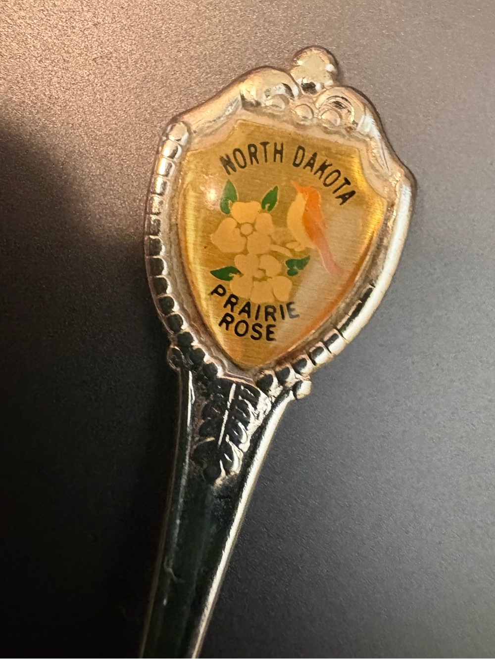 North Dakota Prairie Rose Souvenir Spoon - Silver Tone with Yellow Accent